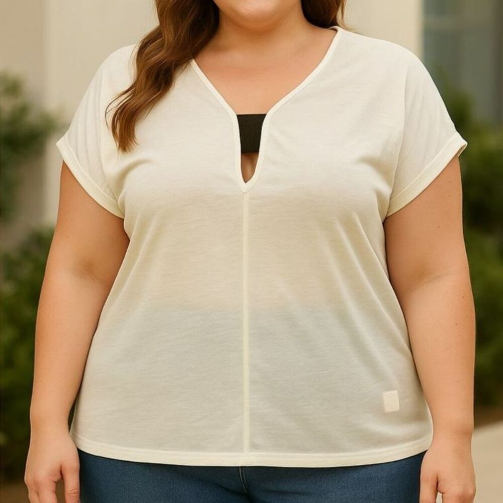 Shein XL Shirt White Split Neck Short Sleeve Top Minimalist Casual Blouse